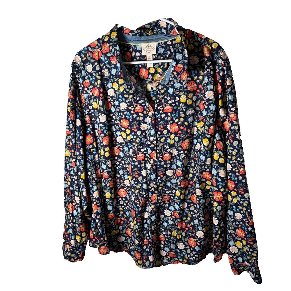 St John's Bay Shirt Women's 3X Blue Floral Long Sleeve Button Down Casual